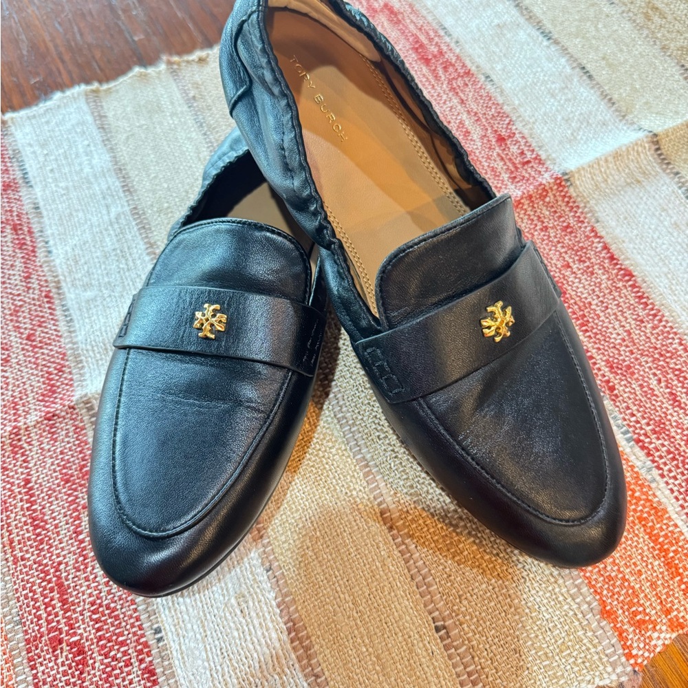 Tory Burch Black Leather Flats with Gold Accent